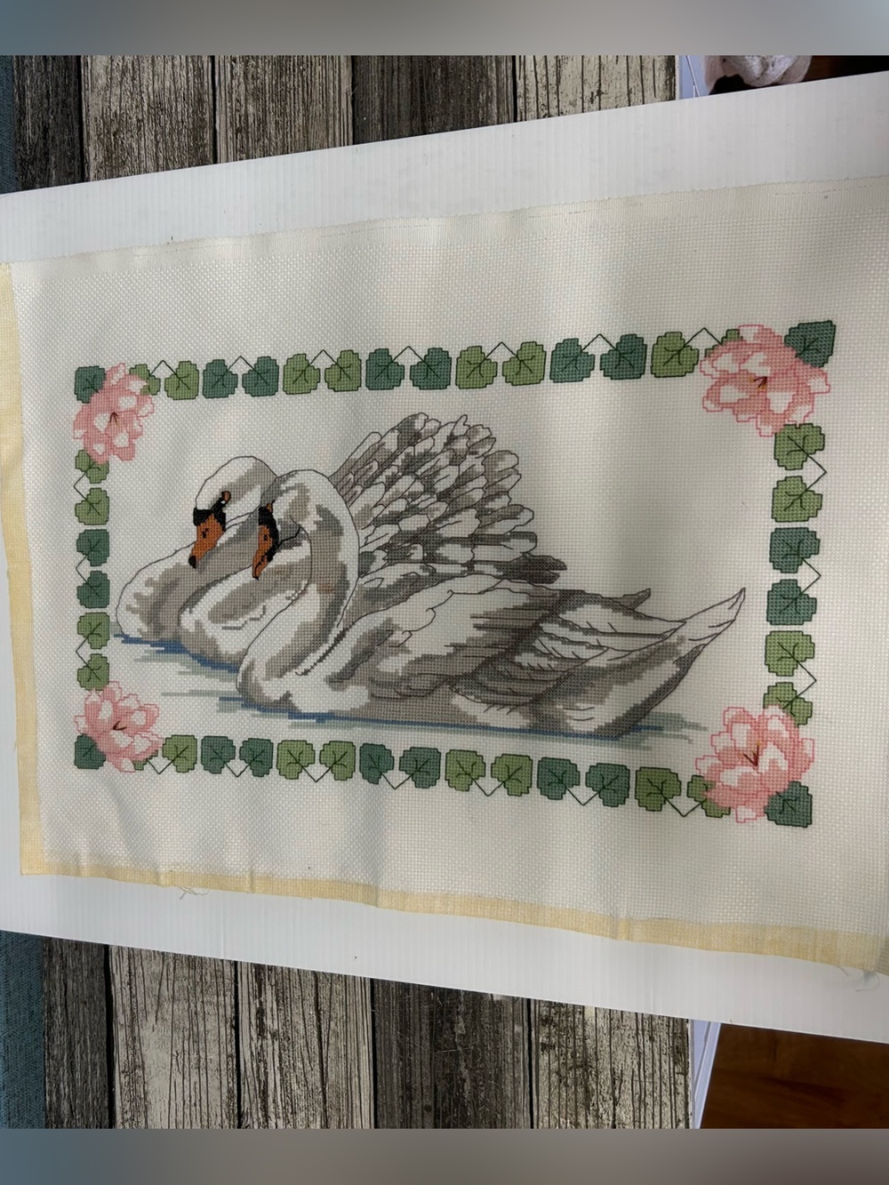 Vintage Completed Swan Cross Stitch Needlepoint Art | Unframed 14x20 Cottagecore